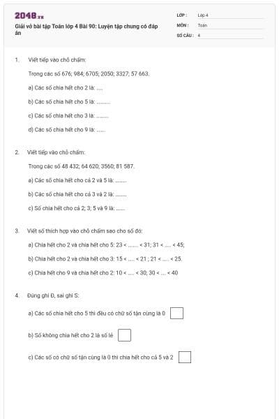 Giải vở bài tập Toán lớp 4 Bài 90: Luyện tập chung có đáp án