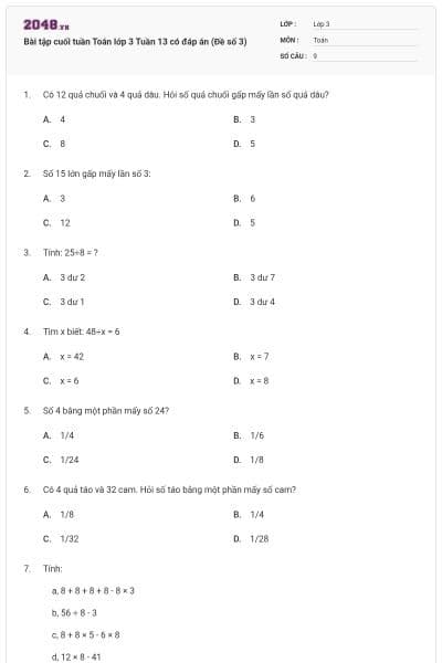 Bài tập cuối tuần Toán lớp 3 Tuần 13 có đáp án (Đề số 3)
