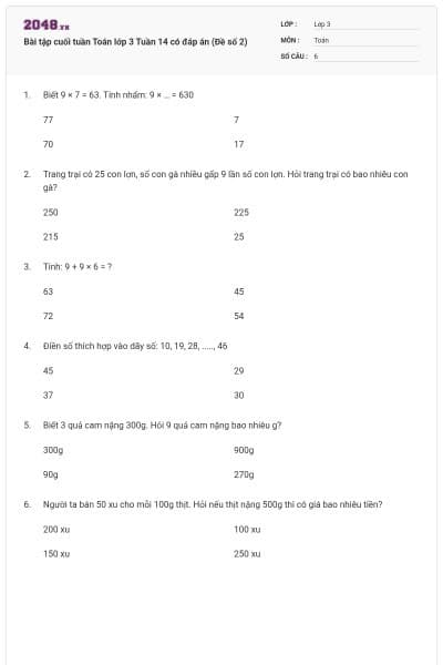 Bài tập cuối tuần Toán lớp 3 Tuần 14 có đáp án (Đề số 2)