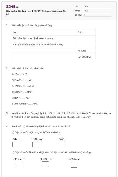 Giải vở bài tập Toán lớp 4 Bài 91: Ki-lô-mét vuông có đáp án