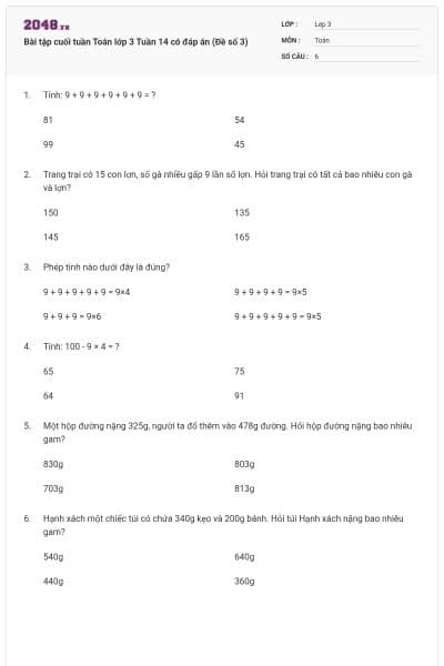 Bài tập cuối tuần Toán lớp 3 Tuần 14 có đáp án (Đề số 3)