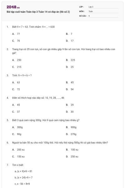 Bài tập cuối tuần Toán lớp 3 Tuần 14 có đáp án (Đề số 2)