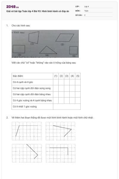 Giải vở bài tập Toán lớp 4 Bài 93: Hình bình hành có đáp án