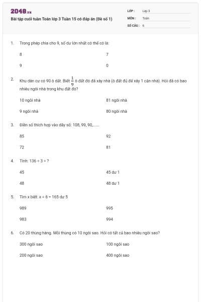 Bài tập cuối tuần Toán lớp 3 Tuần 15 có đáp án (Đề số 1)