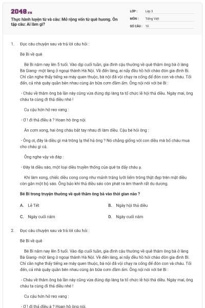 Thực hành luyện từ và câu: Mở rộng vốn từ quê hương. Ôn tập câu: Ai làm gì?