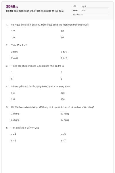 Bài tập cuối tuần Toán lớp 3 Tuần 15 có đáp án (Đề số 2)