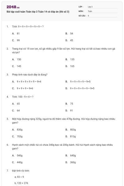 Bài tập cuối tuần Toán lớp 3 Tuần 14 có đáp án (Đề số 3)