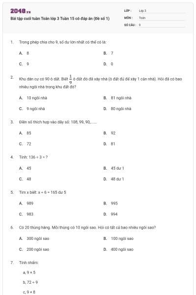 Bài tập cuối tuần Toán lớp 3 Tuần 15 có đáp án (Đề số 1)