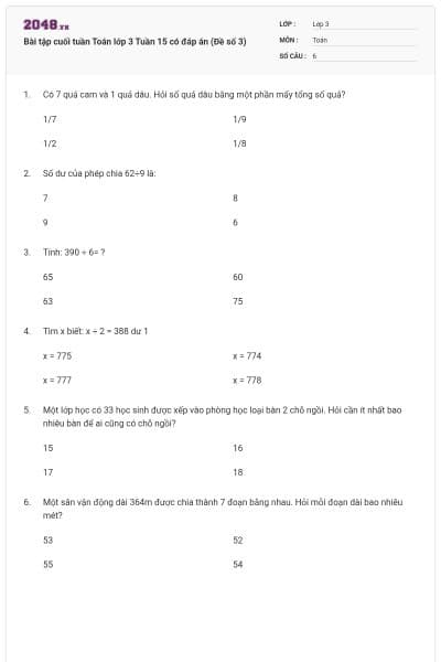 Bài tập cuối tuần Toán lớp 3 Tuần 15 có đáp án (Đề số 3)