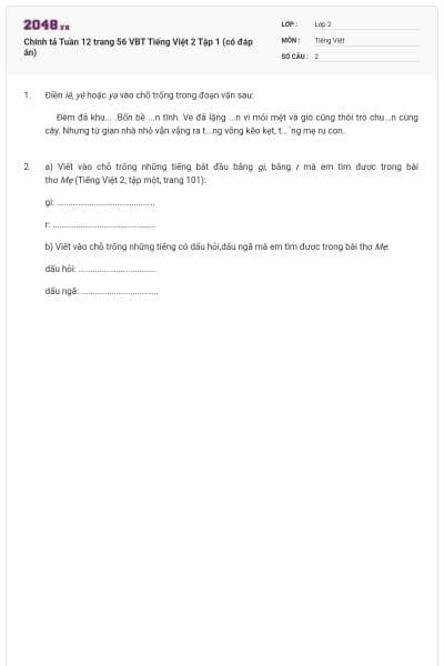 Chính tả Tuần 12 trang 56 VBT Tiếng Việt 2 Tập 1 (có đáp án)