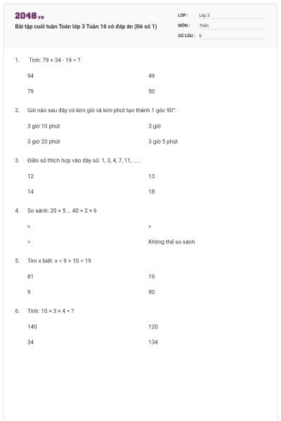 Bài tập cuối tuần Toán lớp 3 Tuần 16 có đáp án (Đề số 1)