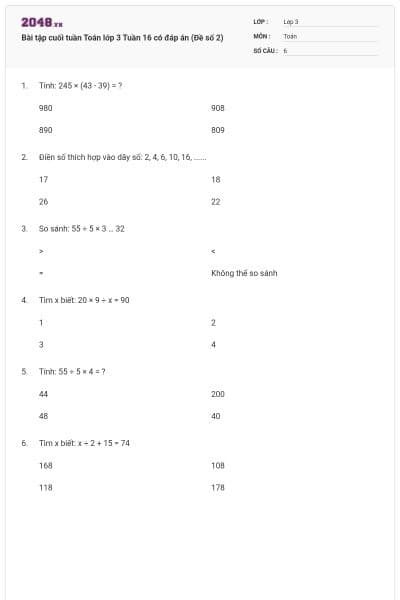 Bài tập cuối tuần Toán lớp 3 Tuần 16 có đáp án (Đề số 2)