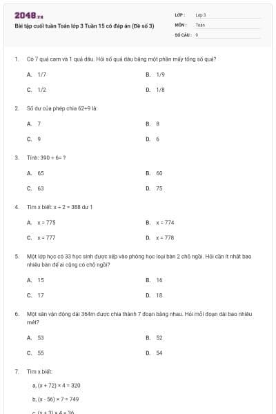 Bài tập cuối tuần Toán lớp 3 Tuần 15 có đáp án (Đề số 3)