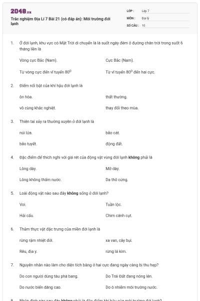 Trắc nghiệm Địa Lí 7 Bài 21 (có đáp án): Môi trường đới lạnh