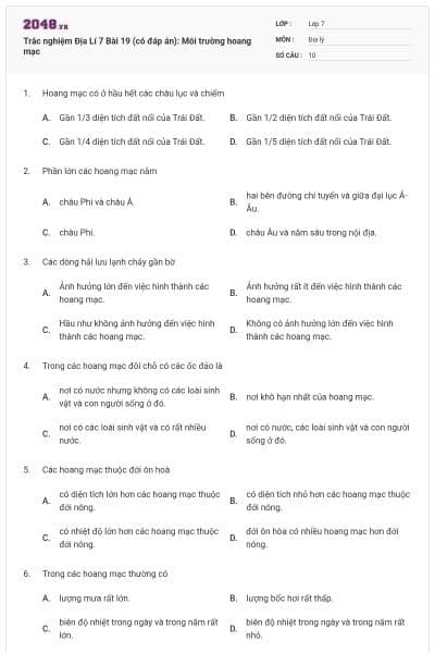 Trắc nghiệm Địa Lí 7 Bài 19 (có đáp án): Môi trường hoang mạc