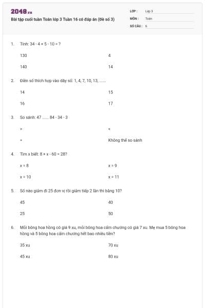 Bài tập cuối tuần Toán lớp 3 Tuần 16 có đáp án (Đề số 3)