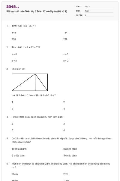 Bài tập cuối tuần Toán lớp 3 Tuần 17 có đáp án (Đề số 1)