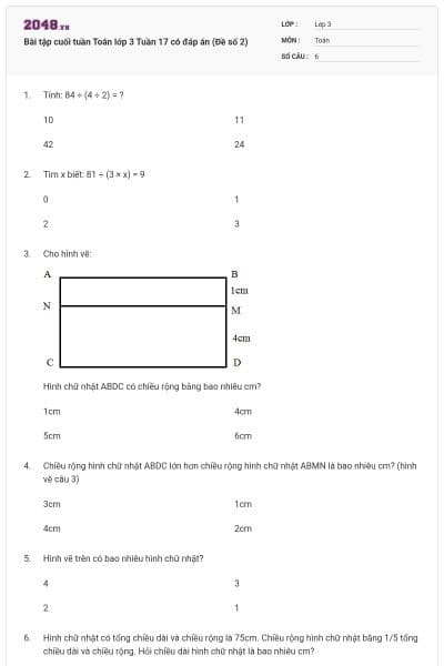 Bài tập cuối tuần Toán lớp 3 Tuần 17 có đáp án (Đề số 2)