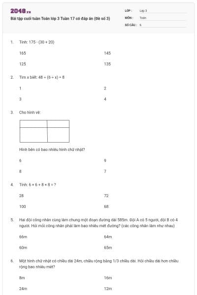 Bài tập cuối tuần Toán lớp 3 Tuần 17 có đáp án (Đề số 3)
