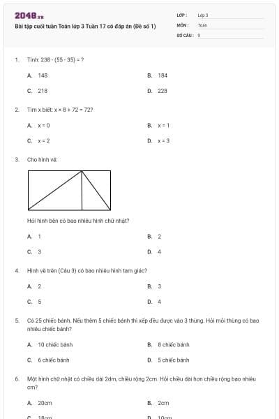 Bài tập cuối tuần Toán lớp 3 Tuần 17 có đáp án (Đề số 1)
