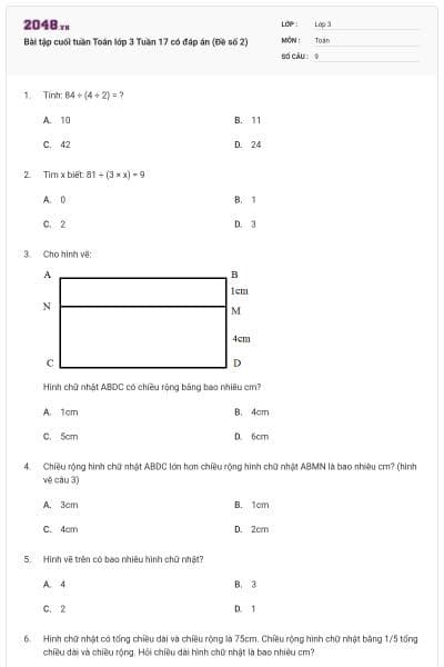 Bài tập cuối tuần Toán lớp 3 Tuần 17 có đáp án (Đề số 2)