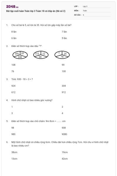 Bài tập cuối tuần Toán lớp 3 Tuần 18 có đáp án (Đề số 2)
