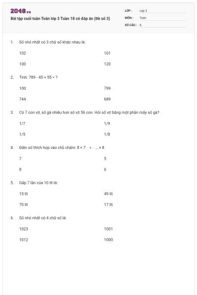 Bài tập cuối tuần Toán lớp 3 Tuần 18 có đáp án (Đề số 3)