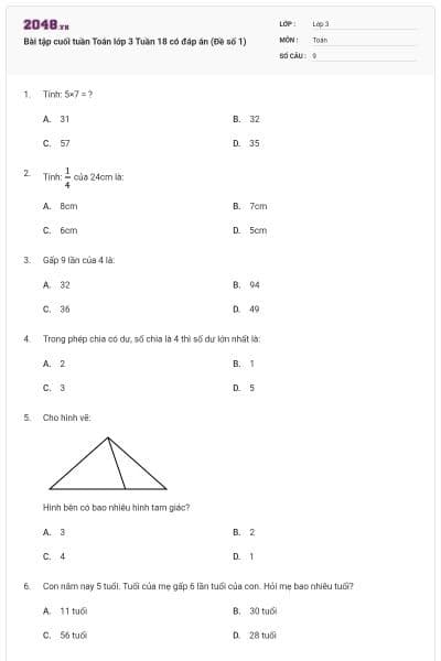 Bài tập cuối tuần Toán lớp 3 Tuần 18 có đáp án (Đề số 1)
