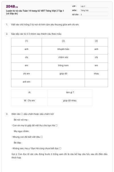 Luyện từ và câu Tuần 14 trang 62 VBT Tiếng Việt 2 Tập 1 (có đáp án)