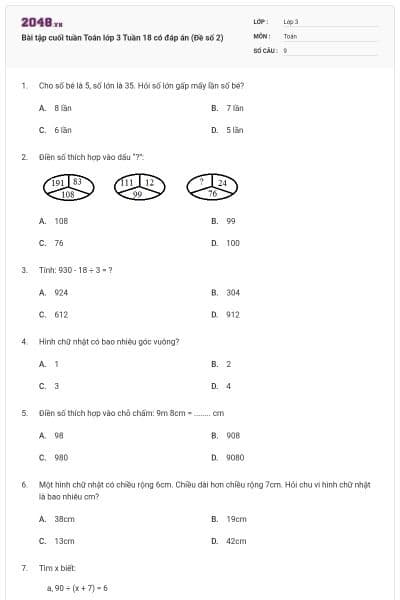 Bài tập cuối tuần Toán lớp 3 Tuần 18 có đáp án (Đề số 2)