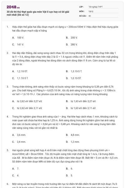 30 đề thi thử thpt quốc gia môn Vật lí cực hay có lời giải mới nhất (Đề số 12)