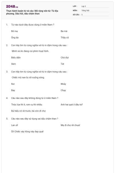 Thực hành luyện từ và câu: Mở rộng vốn từ: Từ địa phương. Dấu hỏi, dấu chấm than