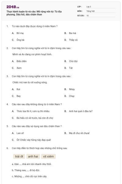 Thực hành luyện từ và câu: Mở rộng vốn từ: Từ địa phương. Dấu hỏi, dấu chấm than