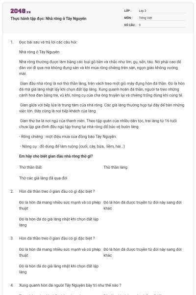 Thực hành tập đọc: Nhà rông ở Tây Nguyên