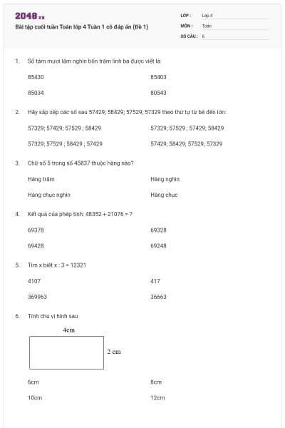 Bài tập cuối tuần Toán lớp 4 Tuần 1 có đáp án (Đề 1)
