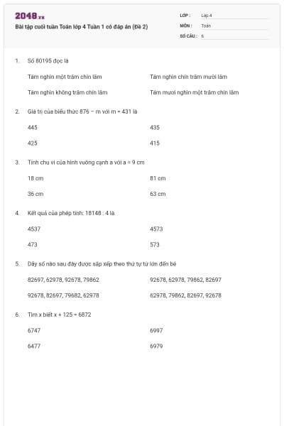 Bài tập cuối tuần Toán lớp 4 Tuần 1 có đáp án (Đề 2)