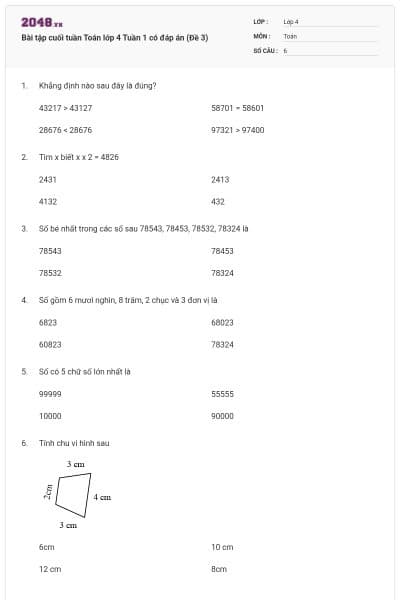 Bài tập cuối tuần Toán lớp 4 Tuần 1 có đáp án (Đề 3)