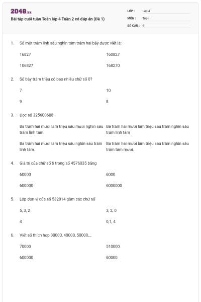 Bài tập cuối tuần Toán lớp 4 Tuần 2 có đáp án (Đề 1)