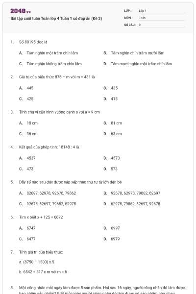 Bài tập cuối tuần Toán lớp 4 Tuần 1 có đáp án (Đề 2)