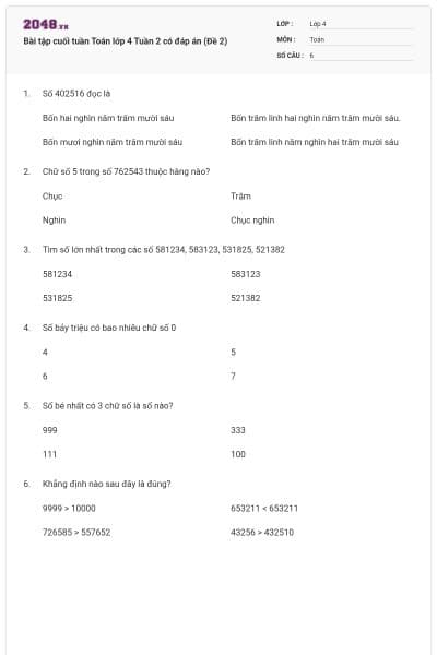 Bài tập cuối tuần Toán lớp 4 Tuần 2 có đáp án (Đề 2)
