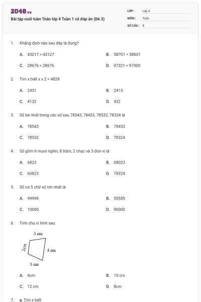 Bài tập cuối tuần Toán lớp 4 Tuần 1 có đáp án (Đề 3)