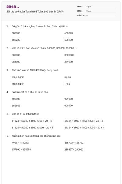 Bài tập cuối tuần Toán lớp 4 Tuần 2 có đáp án (Đề 3)