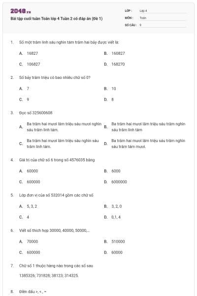 Bài tập cuối tuần Toán lớp 4 Tuần 2 có đáp án (Đề 1)