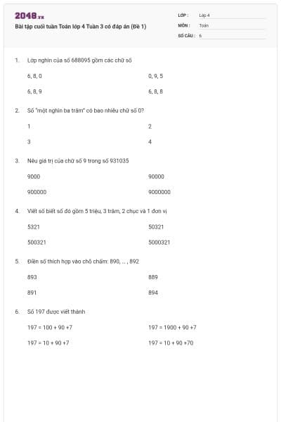 Bài tập cuối tuần Toán lớp 4 Tuần 3 có đáp án (Đề 1)