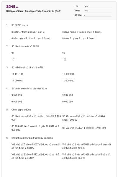 Bài tập cuối tuần Toán lớp 4 Tuần 3 có đáp án (Đề 2)