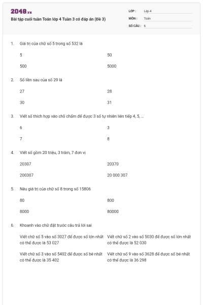 Bài tập cuối tuần Toán lớp 4 Tuần 3 có đáp án (Đề 3)