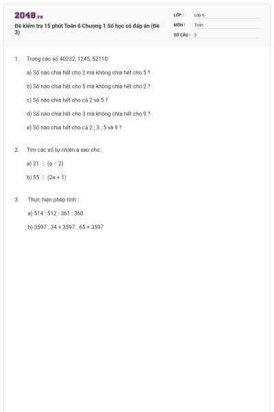 Đề kiểm tra 15 phút Toán 6 Chương 1 Số học có đáp án (Đề 3)