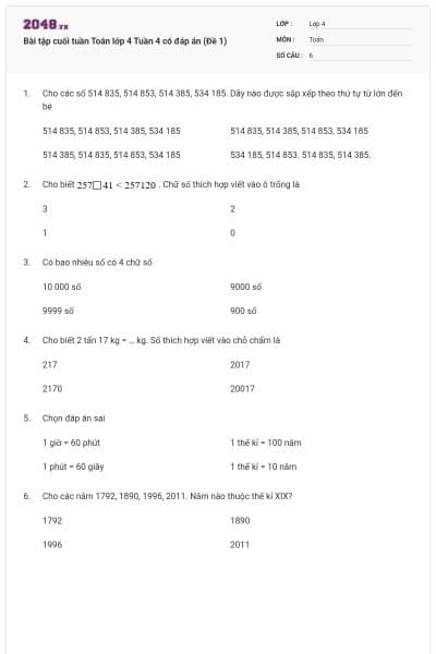Bài tập cuối tuần Toán lớp 4 Tuần 4 có đáp án (Đề 1)