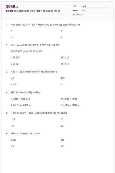 Bài tập cuối tuần Toán lớp 4 Tuần 4 có đáp án (Đề 2)