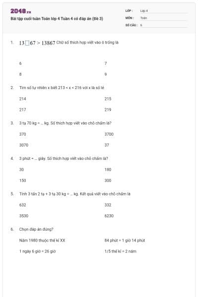 Bài tập cuối tuần Toán lớp 4 Tuần 4 có đáp án (Đề 3)